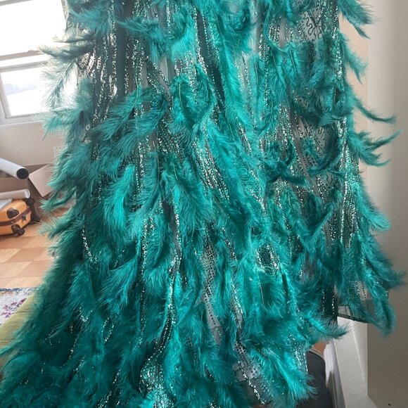 Emerald Sequin & Feather Gown – Size 14, Worn Once - Picture 3 of 6